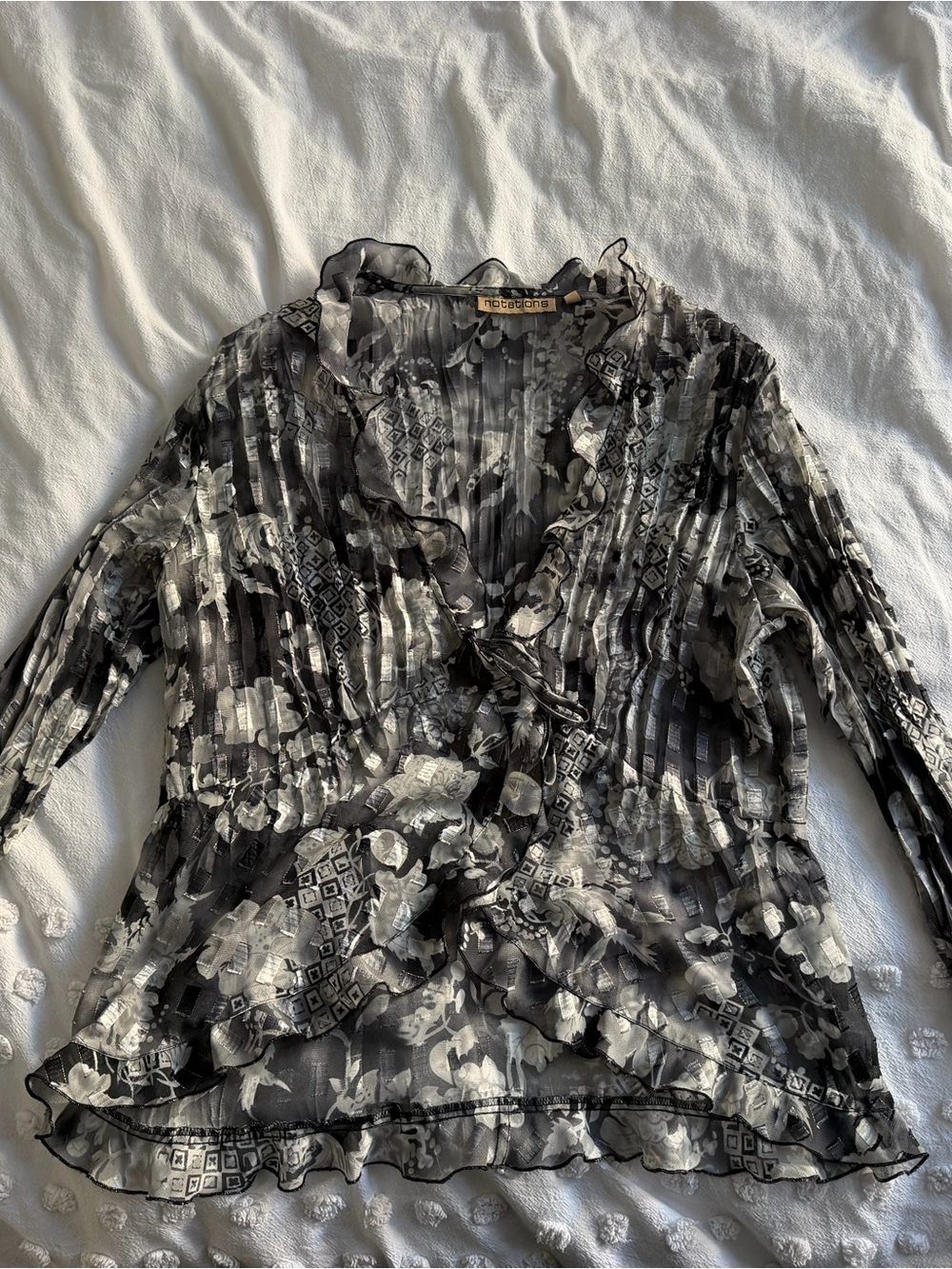 Notations Black & Gray Sheer Ruffle-Front Blouse